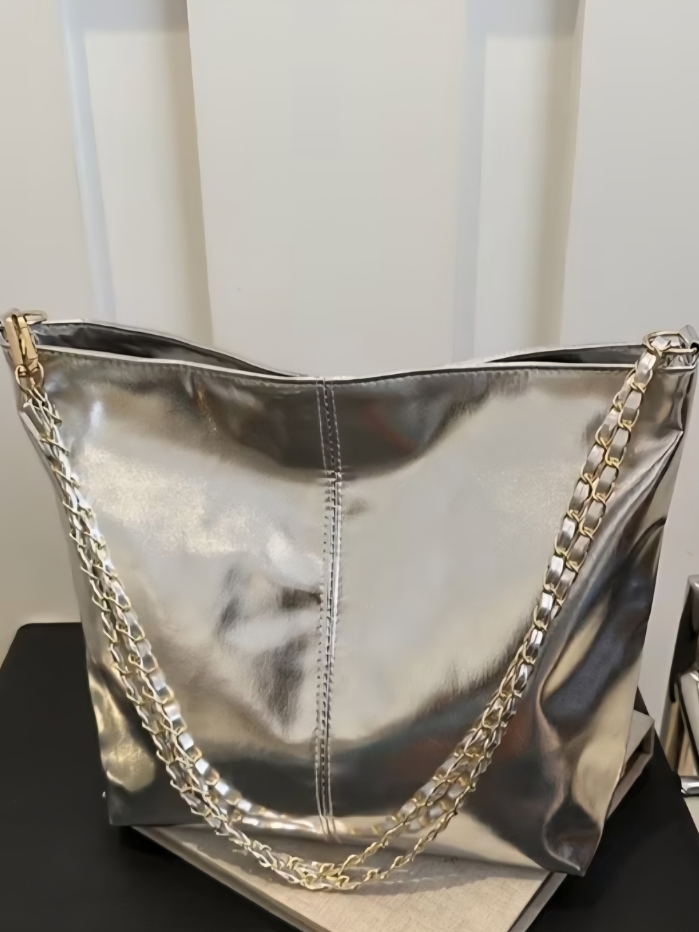 Metallic Silver Chain-Handle Tote Bag